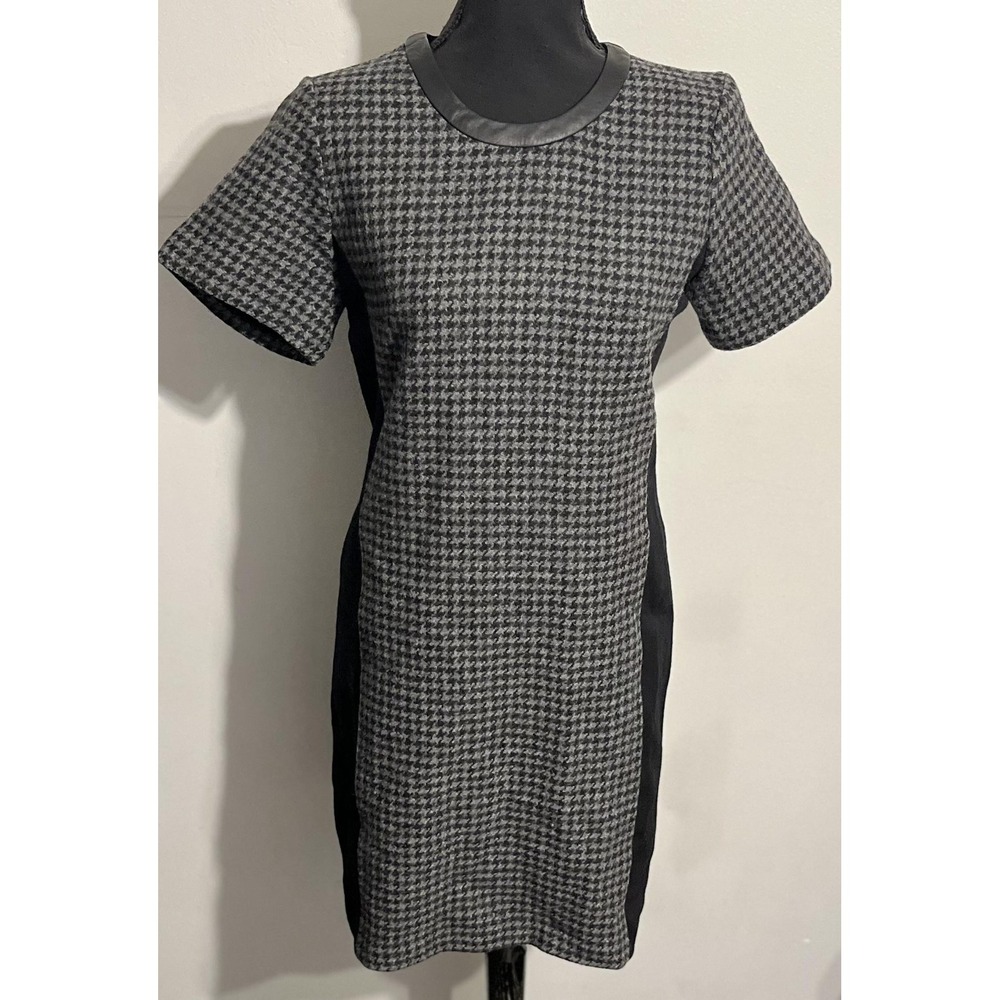 J Crew Dress Womens 4 Gray Black Houndstooth Wool Leather Trim Sheath B1703
